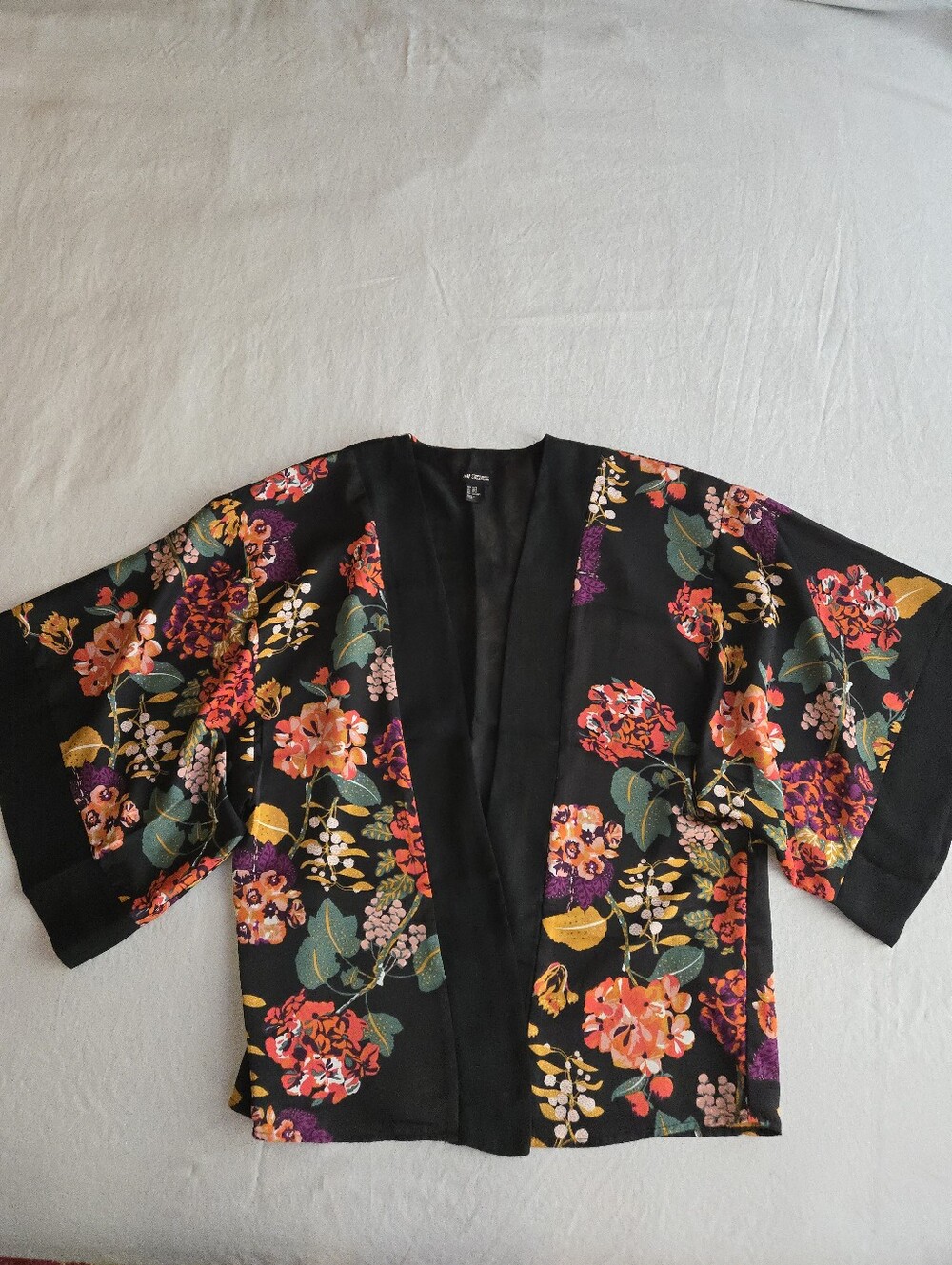 H&M Black Satiny Multicolor Floral Bloom Kimono Open Front Silky Cardigan EB5